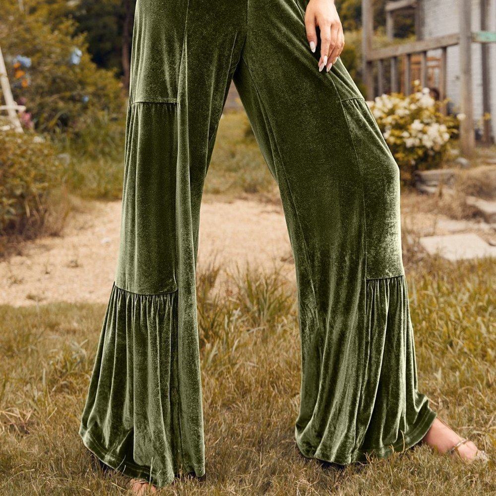 Army Green Boho Womens Wide Leg Velvet Pants - Picture 3 of 5